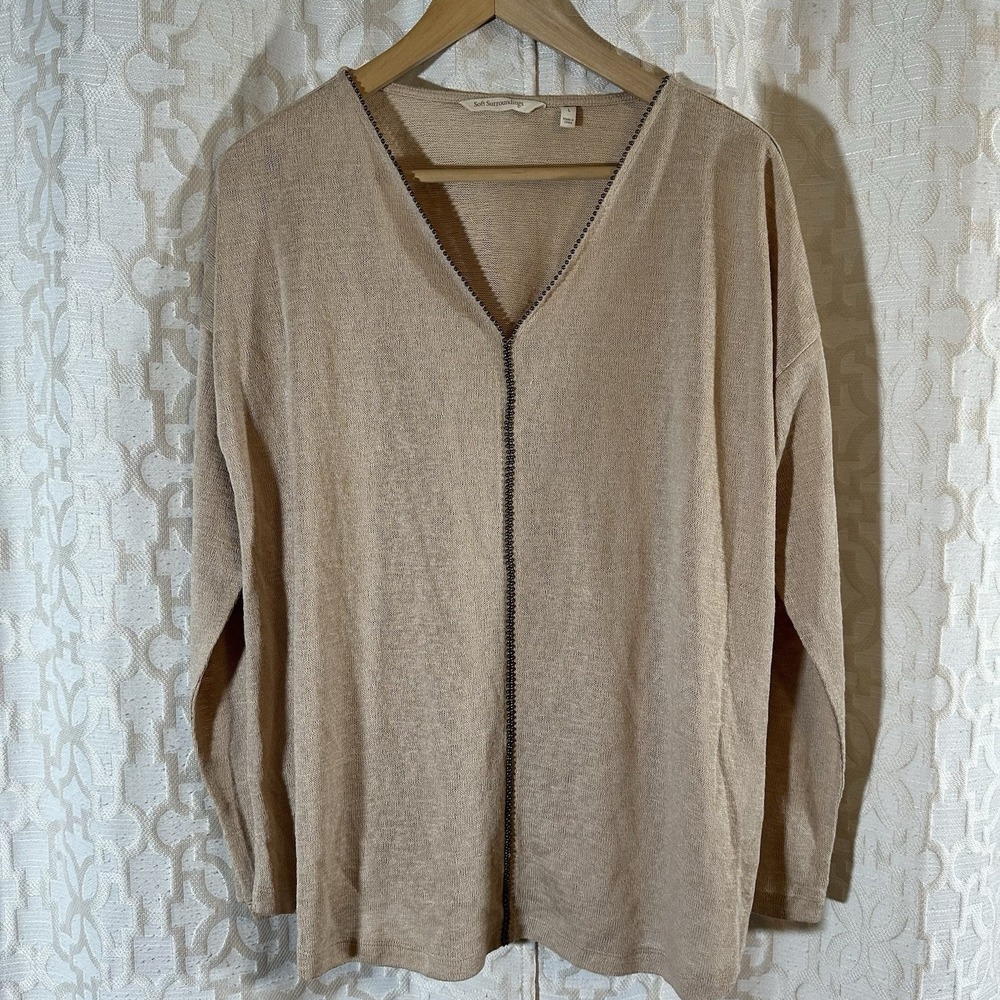 Soft Surroundings Sweater Women Extra Large Tan Beaded Long Sleeve V Neck
